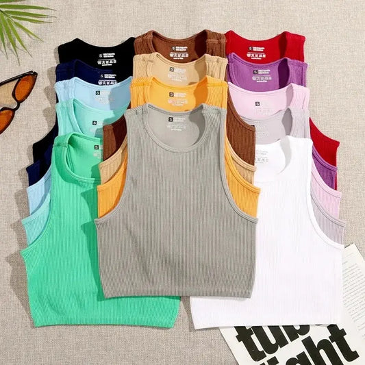 1pcs Solid Sleeveless Women Running Yoga Wear Clothing Slim Fit Quick Drying Ribbed Crop Tank Top