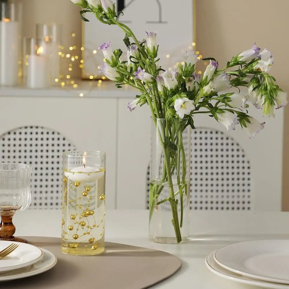 12 Glass Cylinder Vases with Pearl Strings & White Floating Candles for Wedding Party Centerpieces, Home Decor, 5-8 Inch