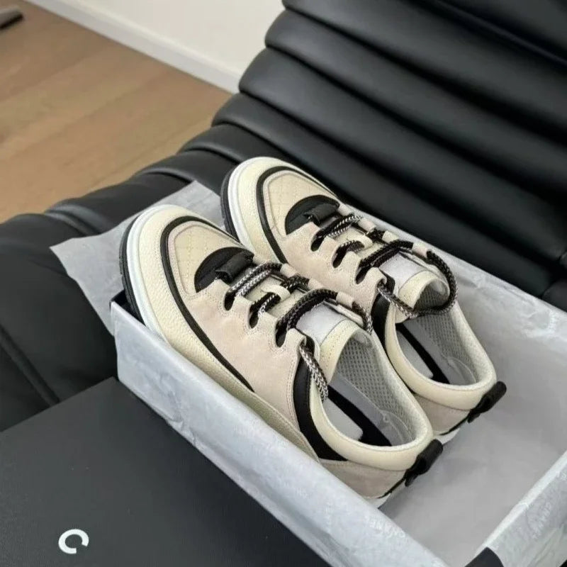 Women's Shoes Round Head Cowhide Color Matching Casual Sports Shoes Diamond Line Lace-up Leather Board Shoes