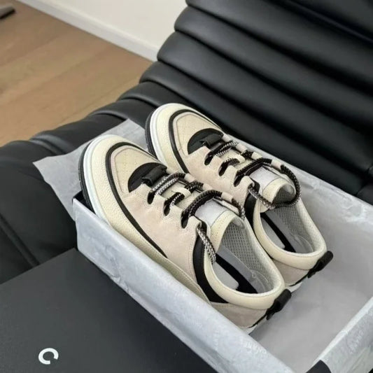 Women's Shoes Round Head Cowhide Color Matching Casual Sports Shoes Diamond Line Lace-up Leather Board Shoes