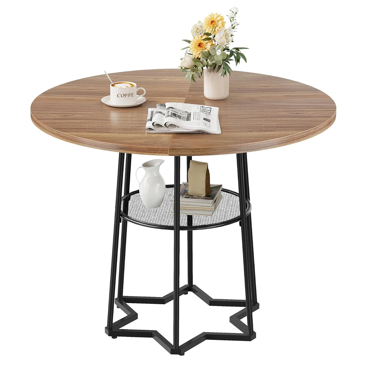 Rustic Round Dining Table Farmhouse Kitchen Table Dinner Table with Metal Base for Dining Room, Kitchen, Living Room