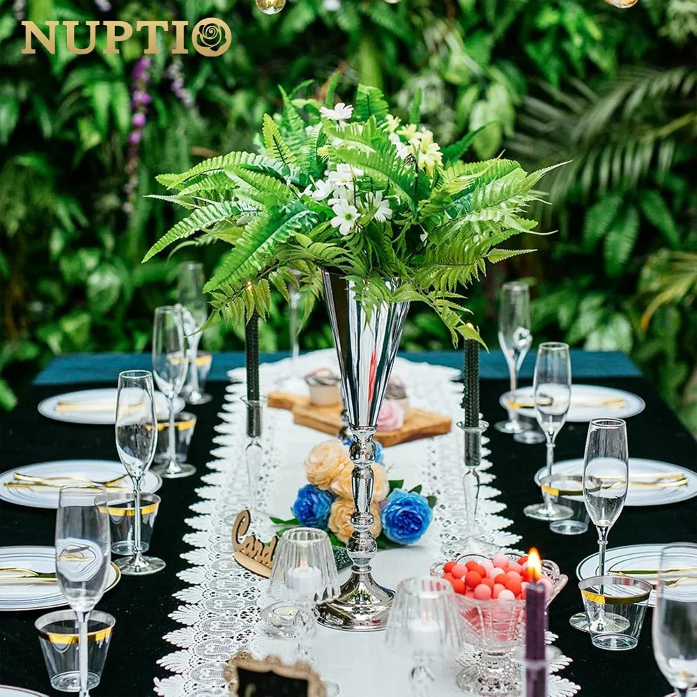 Elegant 16.5 Inch Silver Metal Flower Trumpet Vases for Wedding Table Centerpieces, Set of 10, Artificial Flower Arrangements