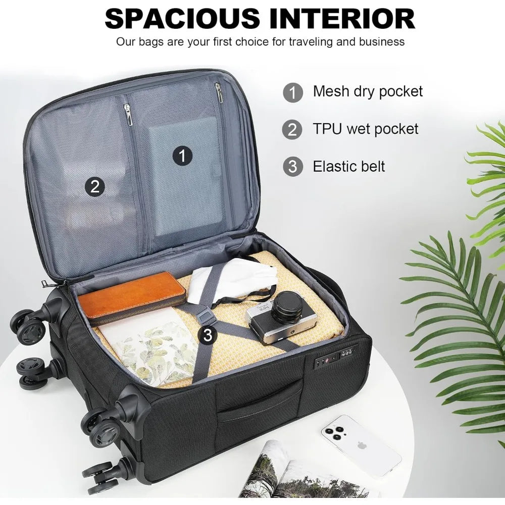 Expandable Softside Spinner Luggage with TSA Lock, Durable Rolling Suitcase for Travel with Built-in USB Port, Long-Lasting Ligh