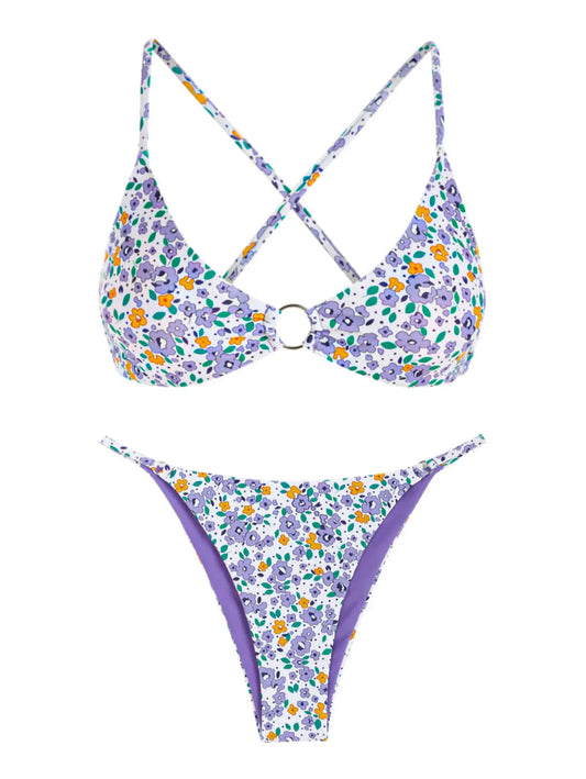 ZAFUL Women's swimwear Ditsy Floral Print O Ring Criss Cross Bikini Swimwear