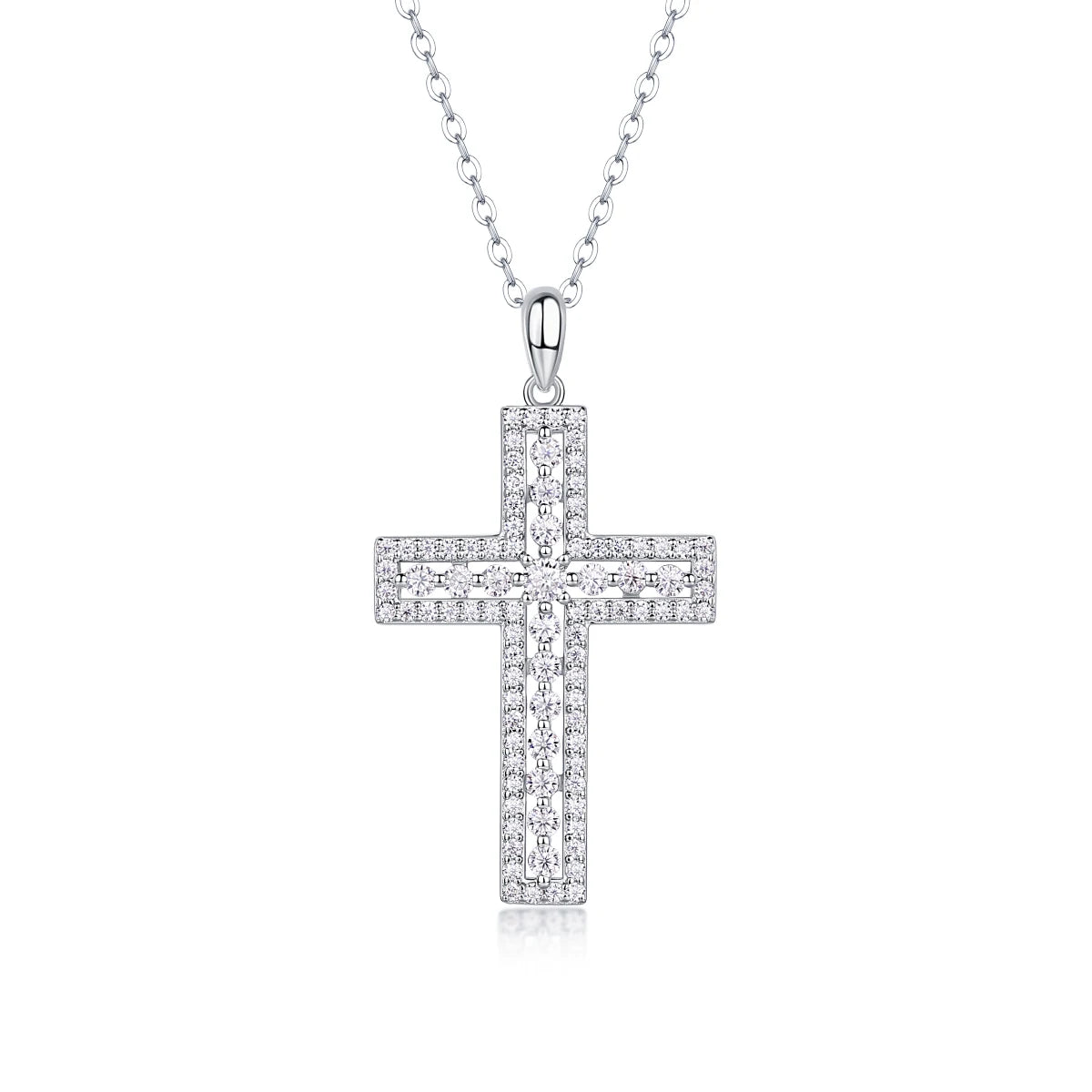 JIUZUAN S925 Silver Plated 18K Platinum Pendant Necklace Channel Set Cross Round Moissanite Diamond Wedding With Certificate