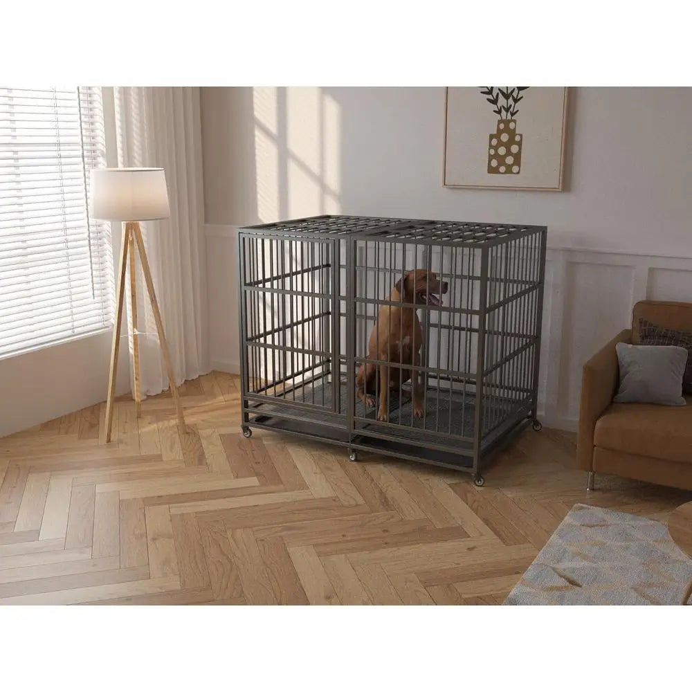 Extra Large Heavy Duty Dog Crate with Wheels, Indestructible Steel Kennel for High Anxiety Dogs, Double Door, Sturdy Locks, and