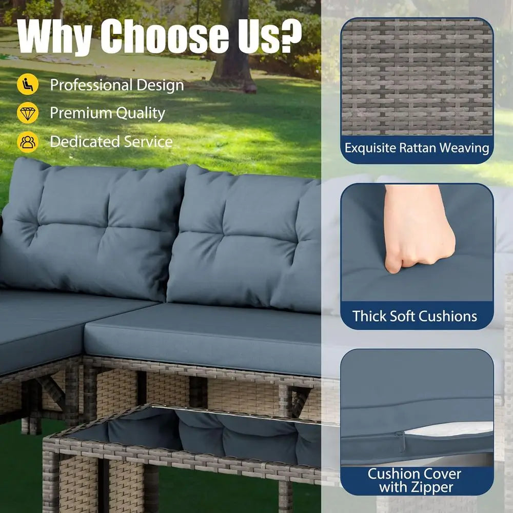 All-Weather Wicker Patio Furniture Set, Blue Outdoor Sofa Sectional with Cushions and Glass Table for Small Garden Conversation