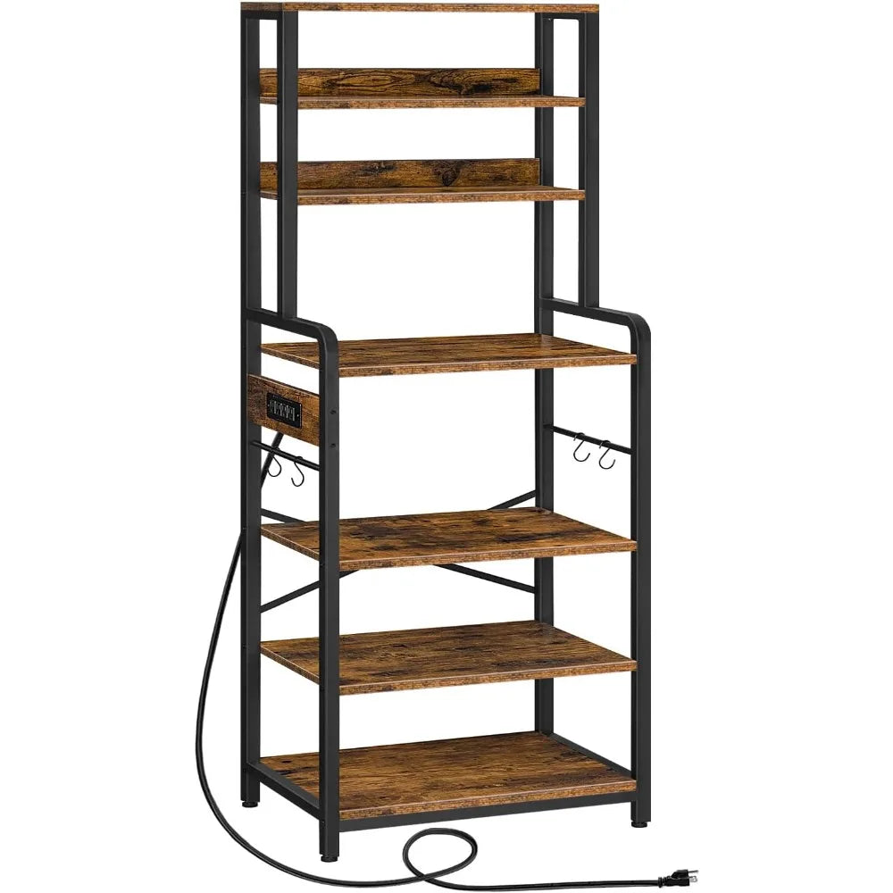 Bakers Rack with Power Outlet, 68.1inch Height Microwave Stand with 4 S-Shaped Hooks, 7-Tier Kitchen Storage Shelf Rack,