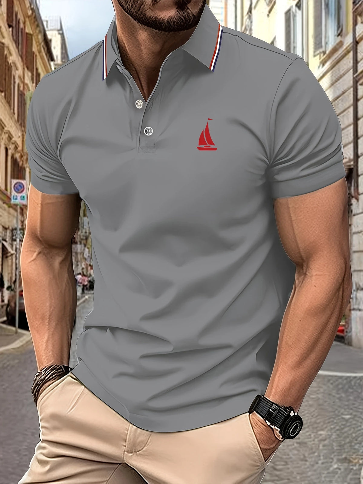 2025 New Men's Polo Shirt Sailboat Print Summer Lapel Stripes Men Short Sleeve Casual Breathable Light Luxury Cool T-Shirt