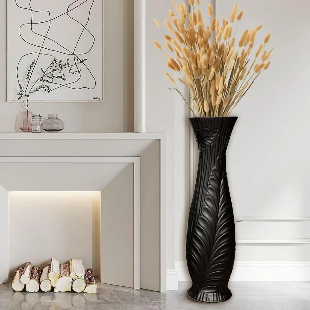 Elegant Large Black Ceramic Floor Vase, 30 Tall, Handcrafted for Home Decor, Living Room, Feather Pattern, Wide Decorative Vase