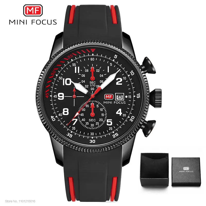MINI FOCUS Military Sport Quartz Watch for Men Blue Silicone Strap Chronograph Luminous Wristwatch with Date Waterproof 0379