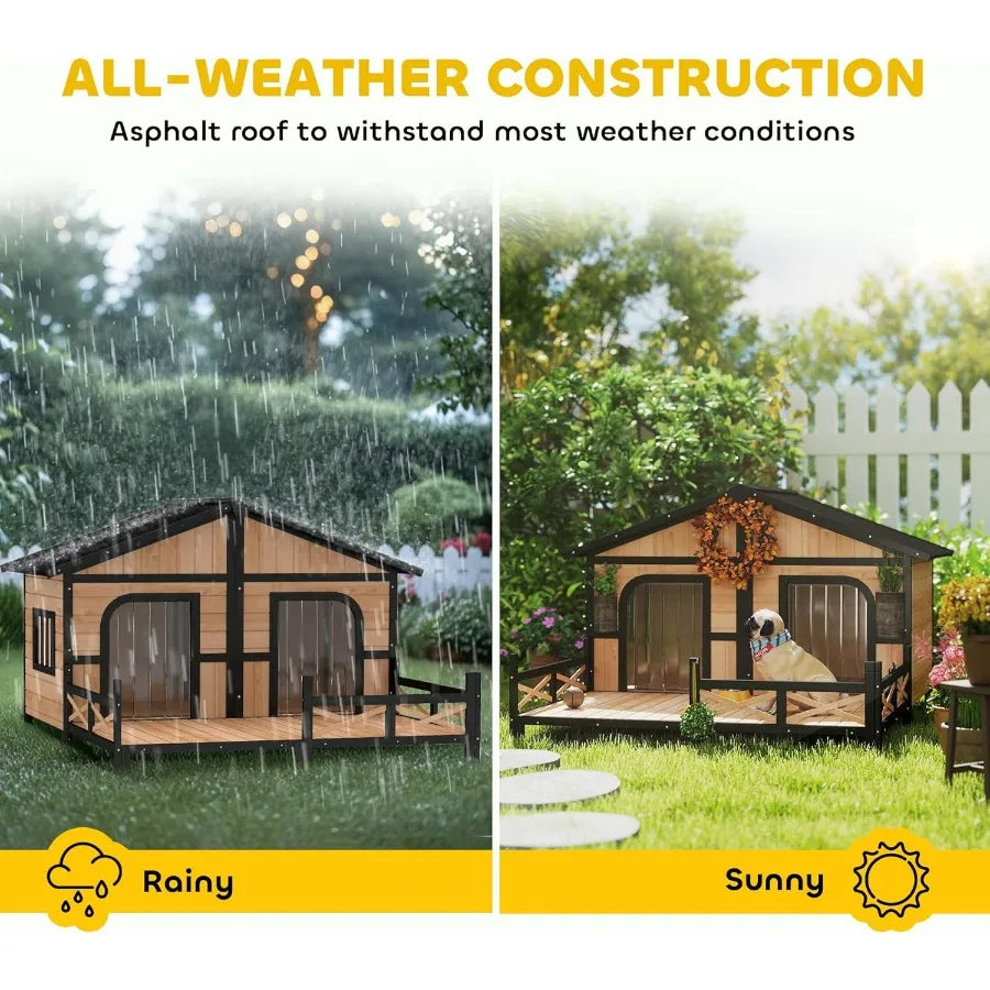 Wooden Large Dog House Outdoor Double XL Dog Kennel with Elevated Floor and Porch Weatherproof Puppy Shelter for Small and Medi