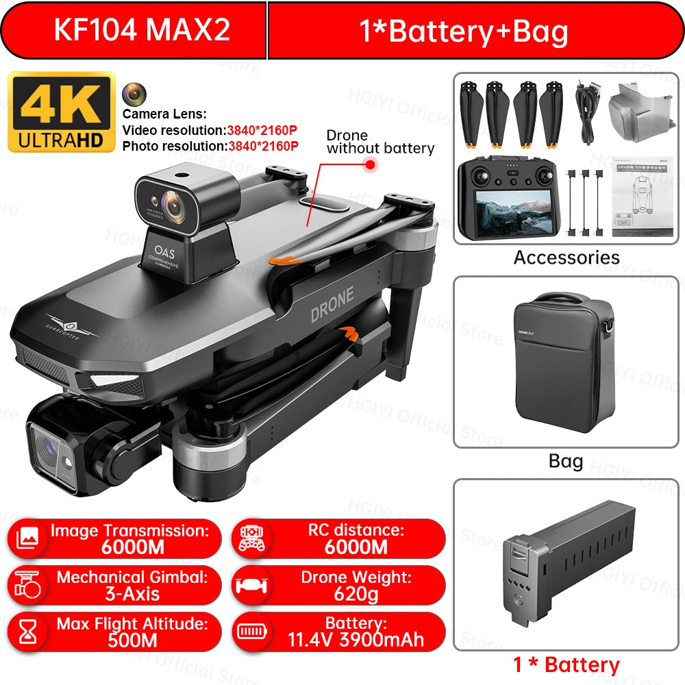 NEW KF104 MAX2 GPS Drone 4K Professional 3-Axis Gimbal Obstacle Avoidance 6KM EIS Drones With Camera Foldable RC Quadcopte