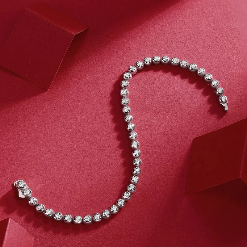 JIUZUAN Moissanite Tennis Bracelet 925 Sterling Silver 18K Gold Plated Classic Round Bezel Set Design Gift for Anniversary