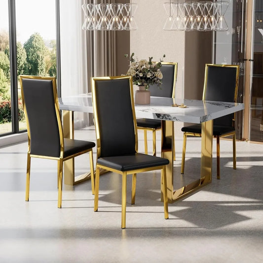 Contemporary 4-Piece Dining Chair Set - Black Synthetic Leather with Chrome Gold Legs, High Curved Back and Cloud-Like Cushionin