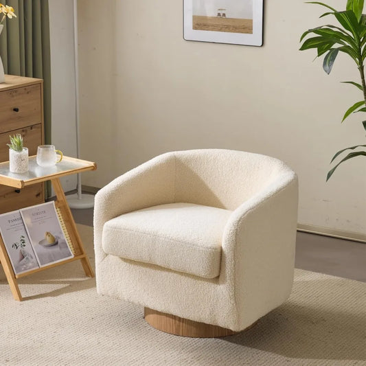 360° Swivel Khaki Teddy Fleece Accent Chair with Engineered Wood Base and Removable Cushion for Living Room,Bedroom, Curved Bac