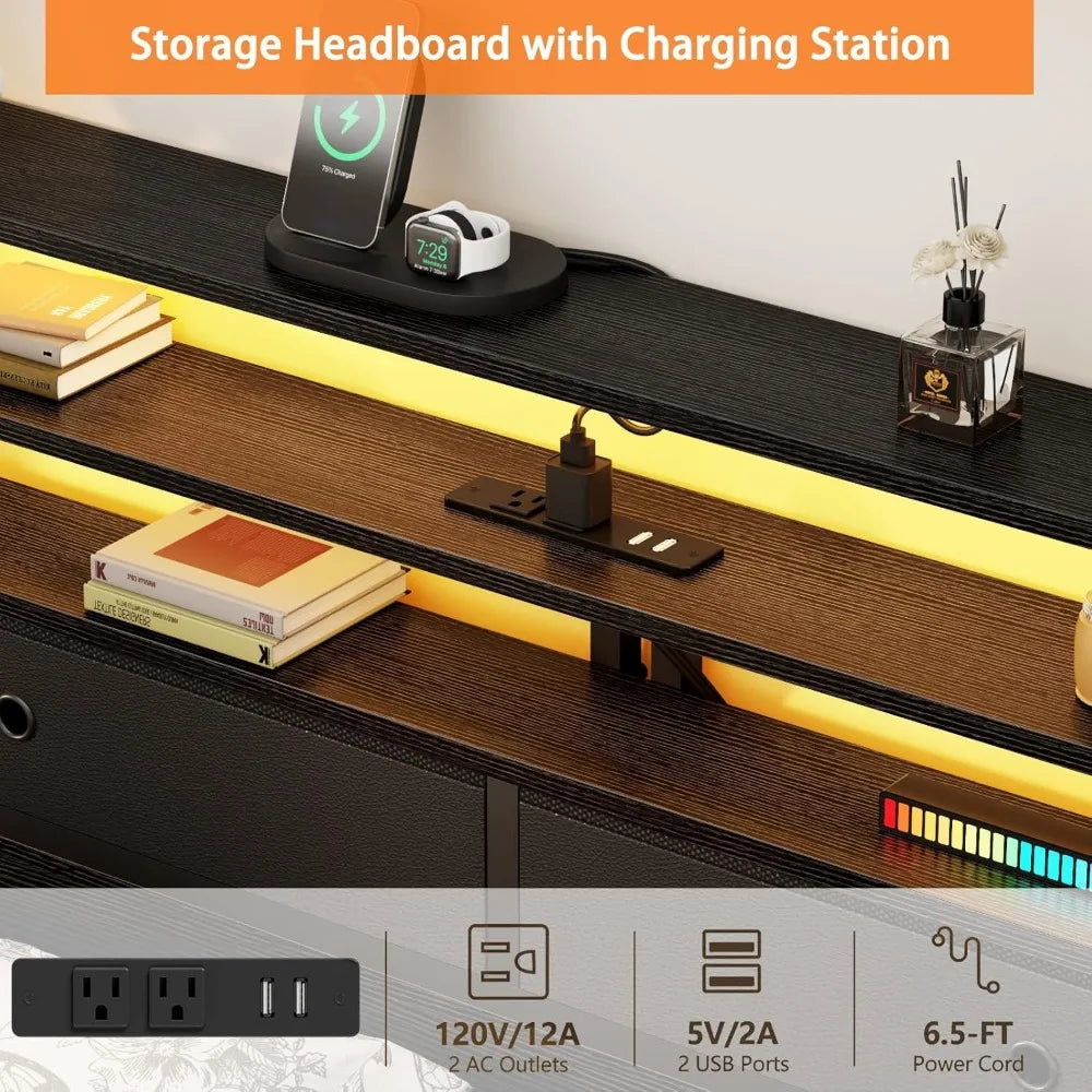 Furnulem Queen Bed Frame with Headboard & 2 Fabric Drawers, Bed Frame Queen Size Featuring LED Lights, Built-in Charging Station