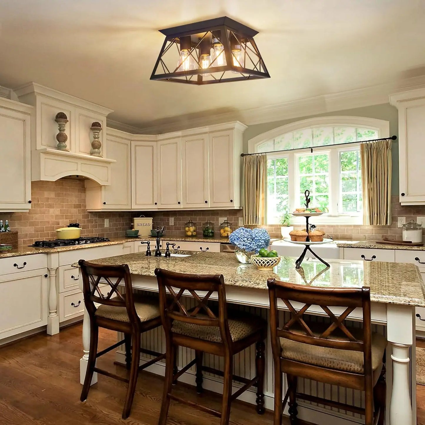 4-Light Black Flush Mount Ceiling Light for Kitchen Hallway, Industrial Close to Ceiling Lighting, Farmhouse Square Ca