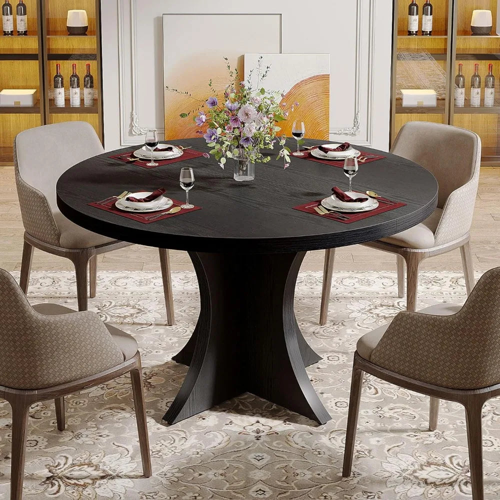 Round Dining Table for 4-6, 47.24-Inch Farmhouse Kitchen Table, Wood Dining Table with Pedestal Base, Small Dinner Table for Di