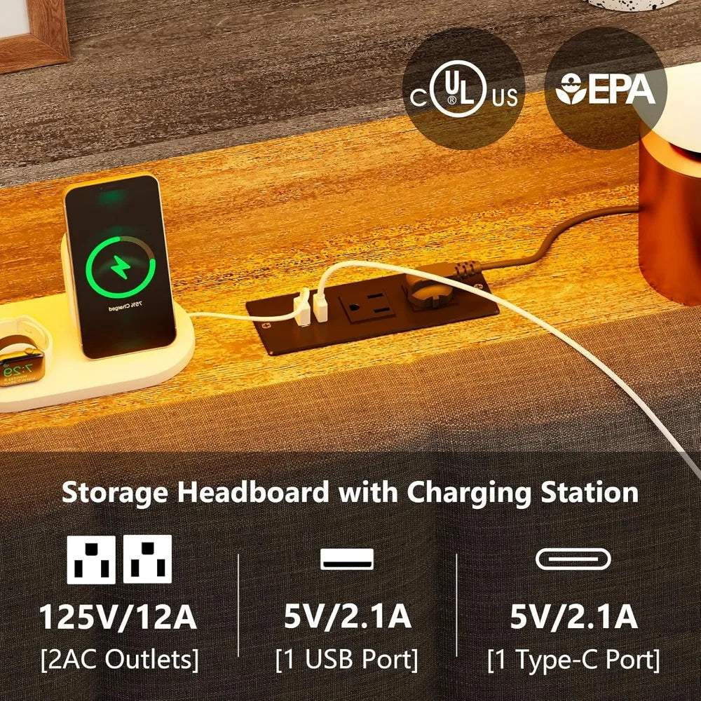 Queen Bed Frame with Storage Bookcase Headboard & LED Lights, Upholstered Bed Frame Queen Size with USB Charging Station, Heavy