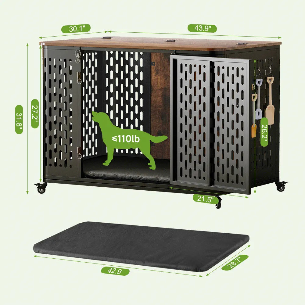 Dog Crate Pet Furniture with Cushion Wood Dog Kennel with Flexible Wheels Multi-Purpose Dog Cage for Large Small Medium Dogs