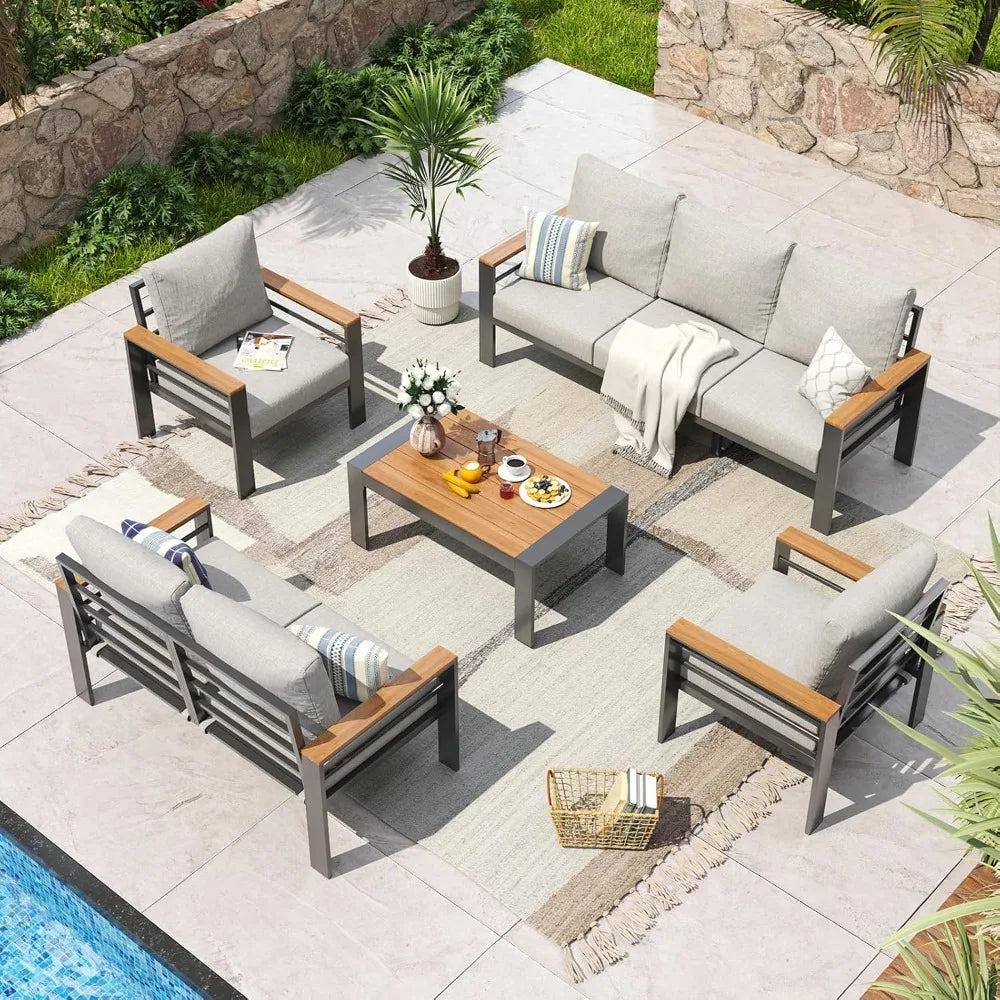 Aluminum Patio Furniture Set 7 Seats, Oversized Outdoor Sectional with Washable Thick Cushions, Coffee Table and Waterproof Cov