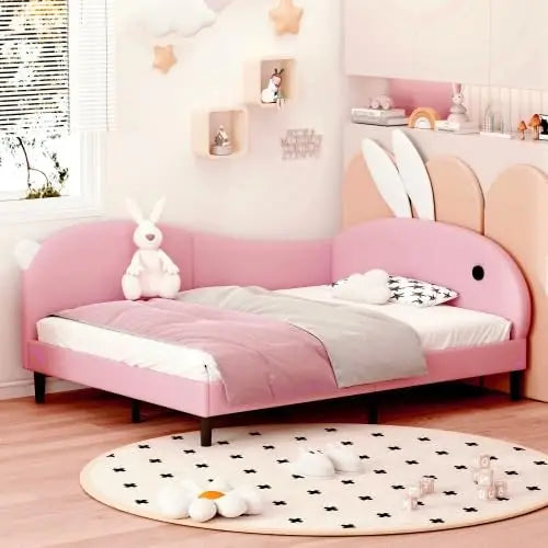 Upholstered Rabbit Ear Headboard Kids Daybed, Full Size Bed Frame for Girls in Pink