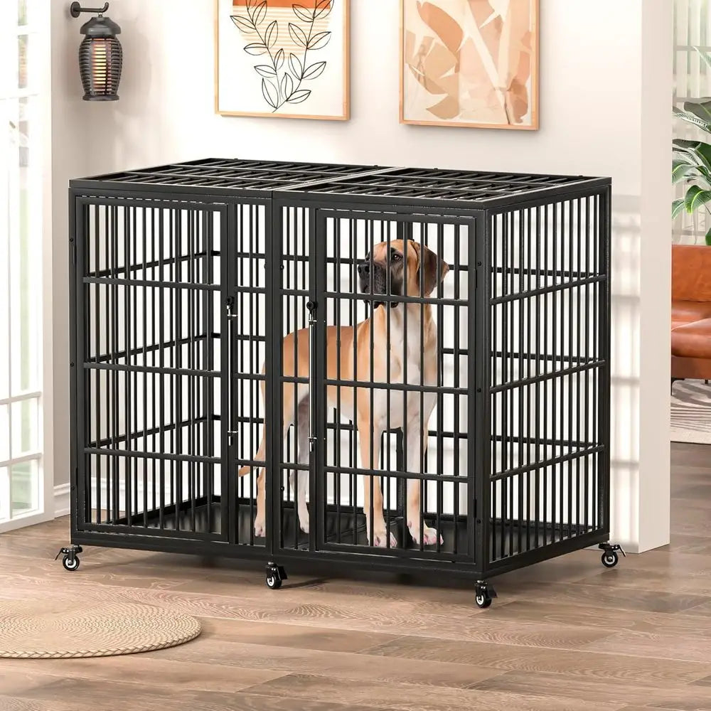 XXL Heavy Duty Steel Dog Crate with Double Doors, Wheeled, Ideal for Great Danes and Large Breeds
