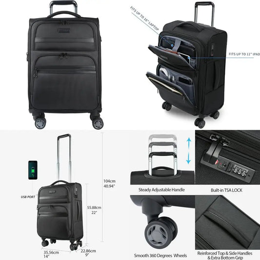 Expandable Softside Spinner Luggage with TSA Lock, Durable Rolling Suitcase for Travel with Built-in USB Port, Long-Lasting Ligh