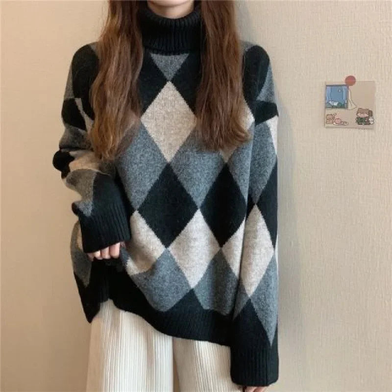 Lazy Sweater Women's Autumn/winter Loose-fit Polo/turtle Neck Rhombus Thickened Top Inner Knitted Top Base Layer