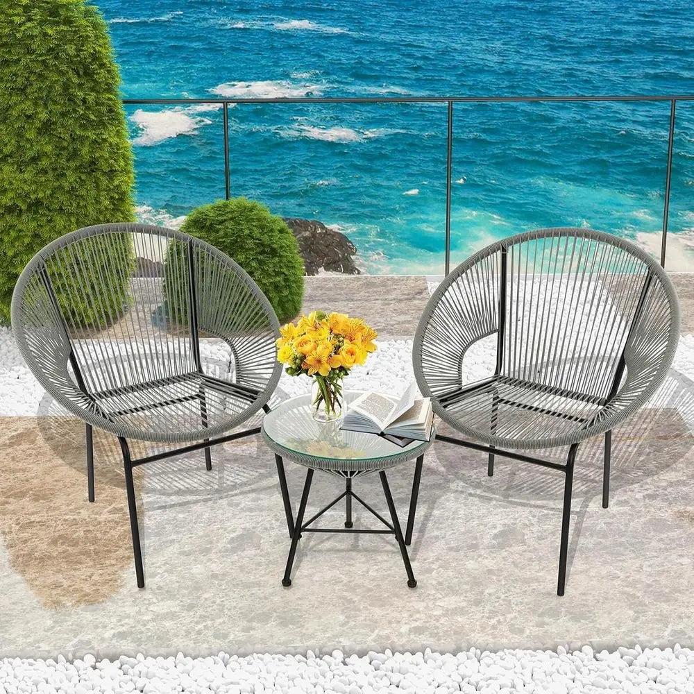 All-Weather Acapulco Patio Set with Plastic Rope Chairs and Tempered Glass Table for Outdoor Spaces (Grey)