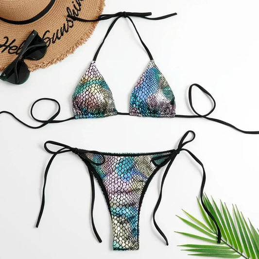 Fish Scales Shiny Halter Triangle Bikinis Sets Swimwear Women Micro Thong Swimsuits Swimming Suit Biquinis Bikinis de Mujer 2025