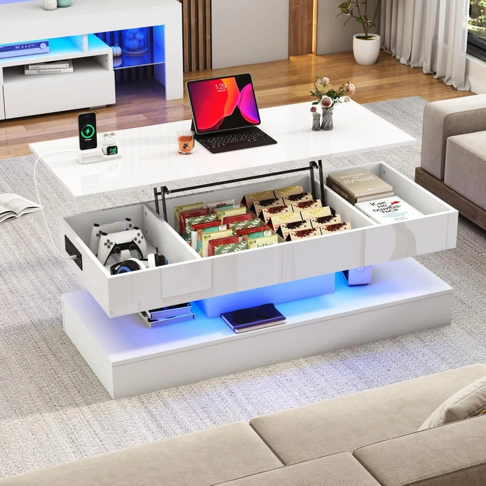 Large Modern High Gloss White Coffee Table with Lift Top and LED Lighting, Storage Drawer for Living Room