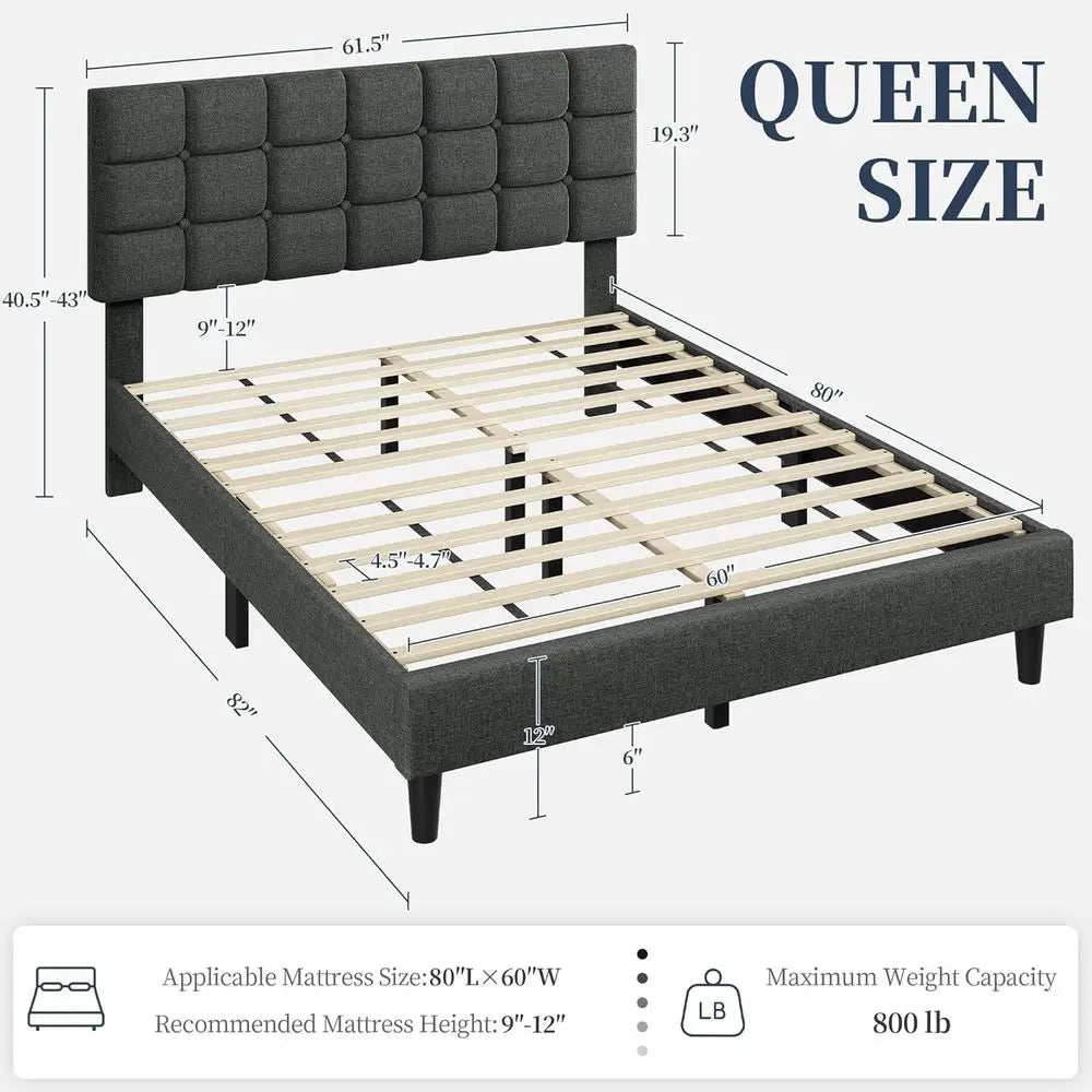 Modern Queen Upholstered Bed Frame with Adjustable Headboard, Button-Tufted, Dark Grey, No Box Spring Needed