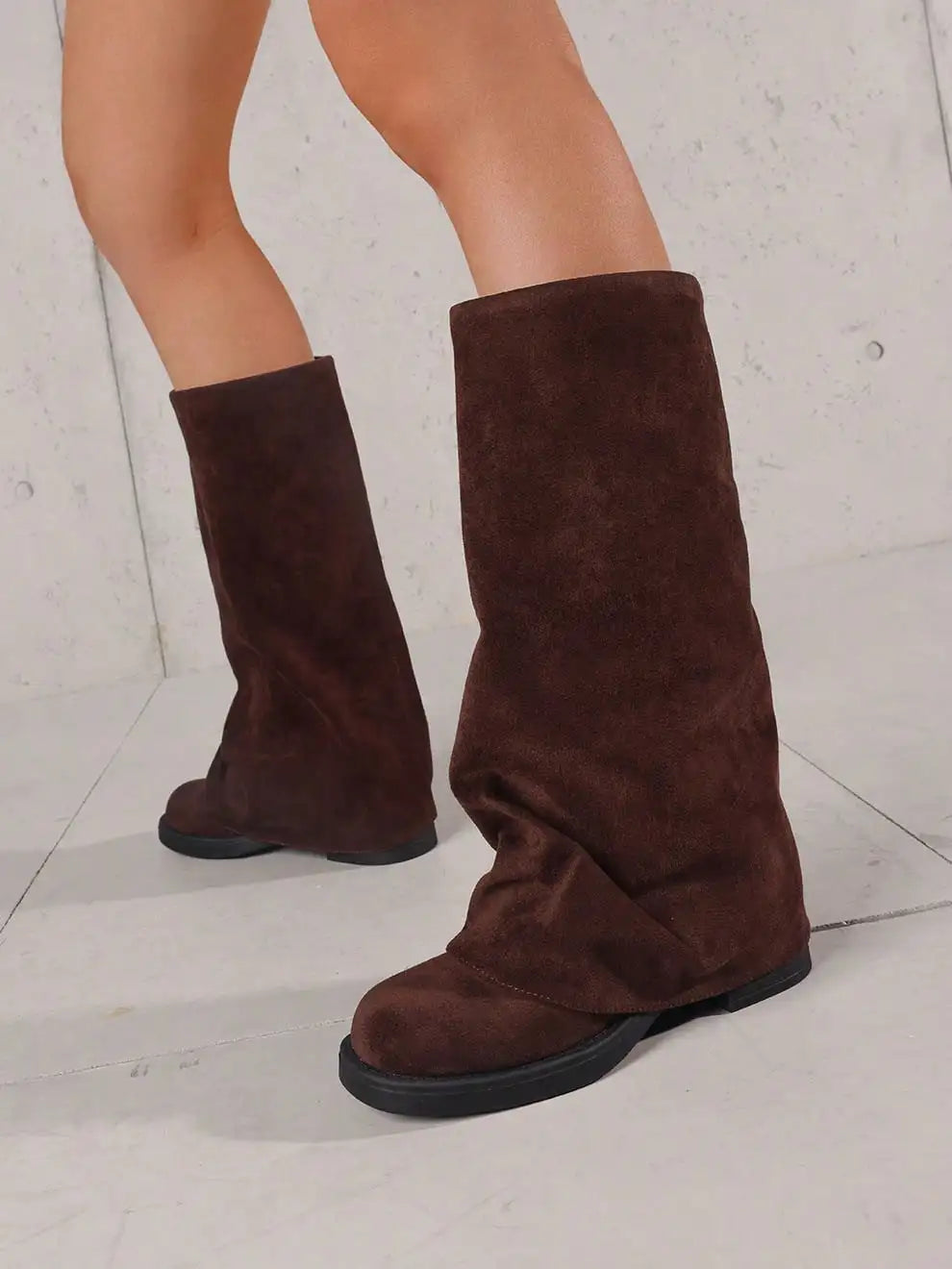 Stylish Fold Over Women Boots Chunky Heels Wide Calf Shark Ruched Slouchy Mid Calf Boots For Women Pull-On Comfort Dress Shoes