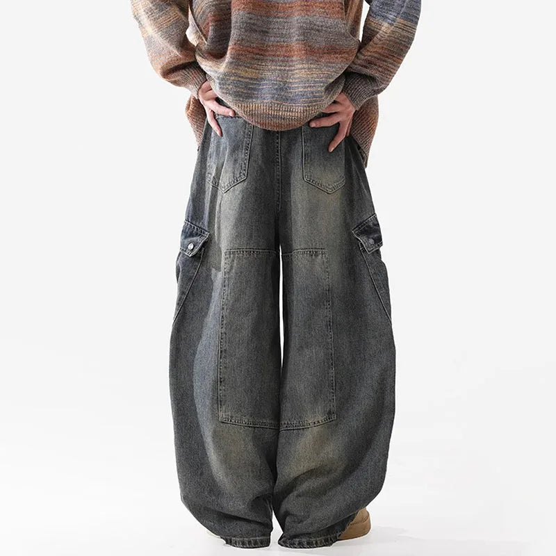 Retro Multi Pocket Curved Knife Jeans Autumn And Winter Vintage Wide Leg Workwear Pants Korean Version High Street Men'S Jeans