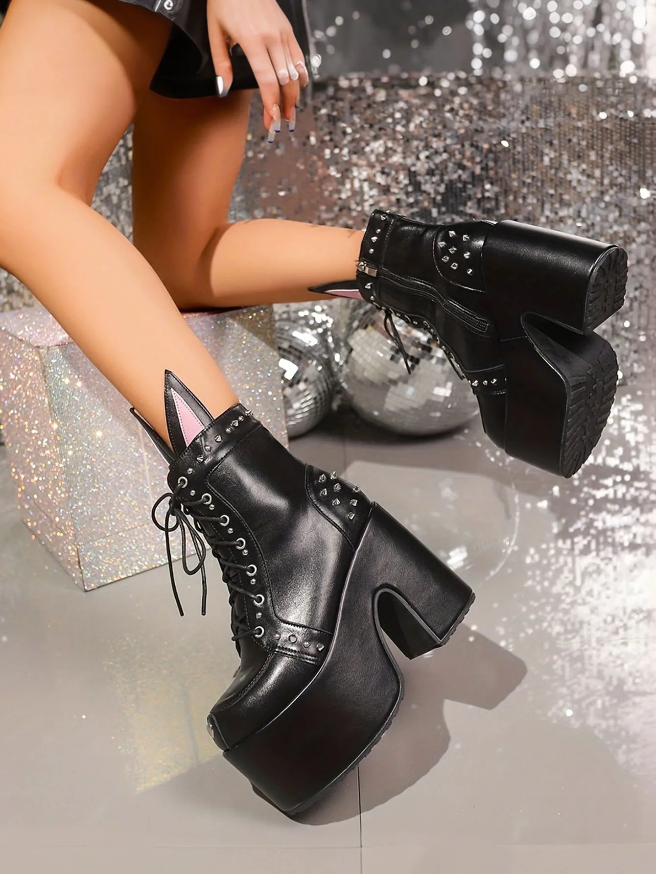 Women's Y2K Goth Ankle Boots Fashion Punk Rivet Buckle Platform Block Chunky High Heels Cute Ear Decoration Street Cosplay Boots