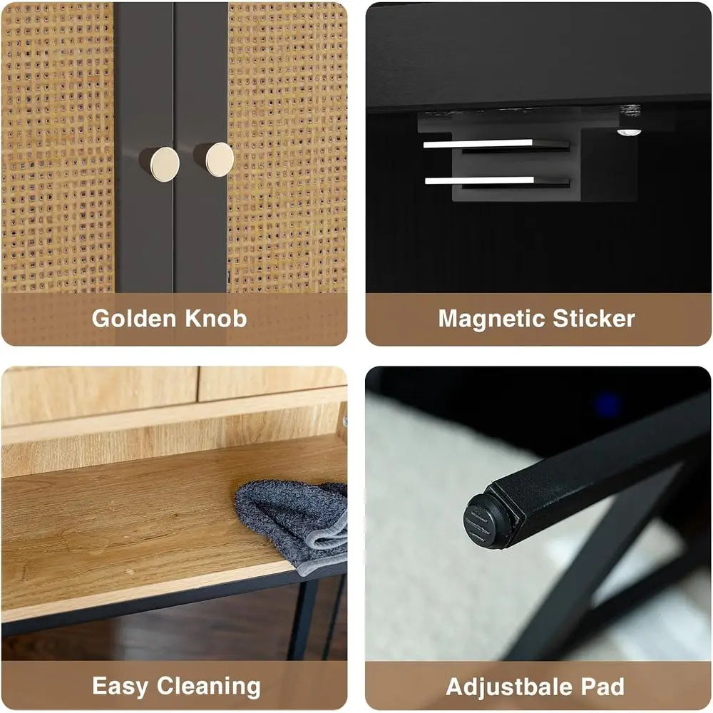 Black Rattan Wood Over-the-Rack Bathroom Storage Cabinet with Adjustable Shelf and Metal Stand