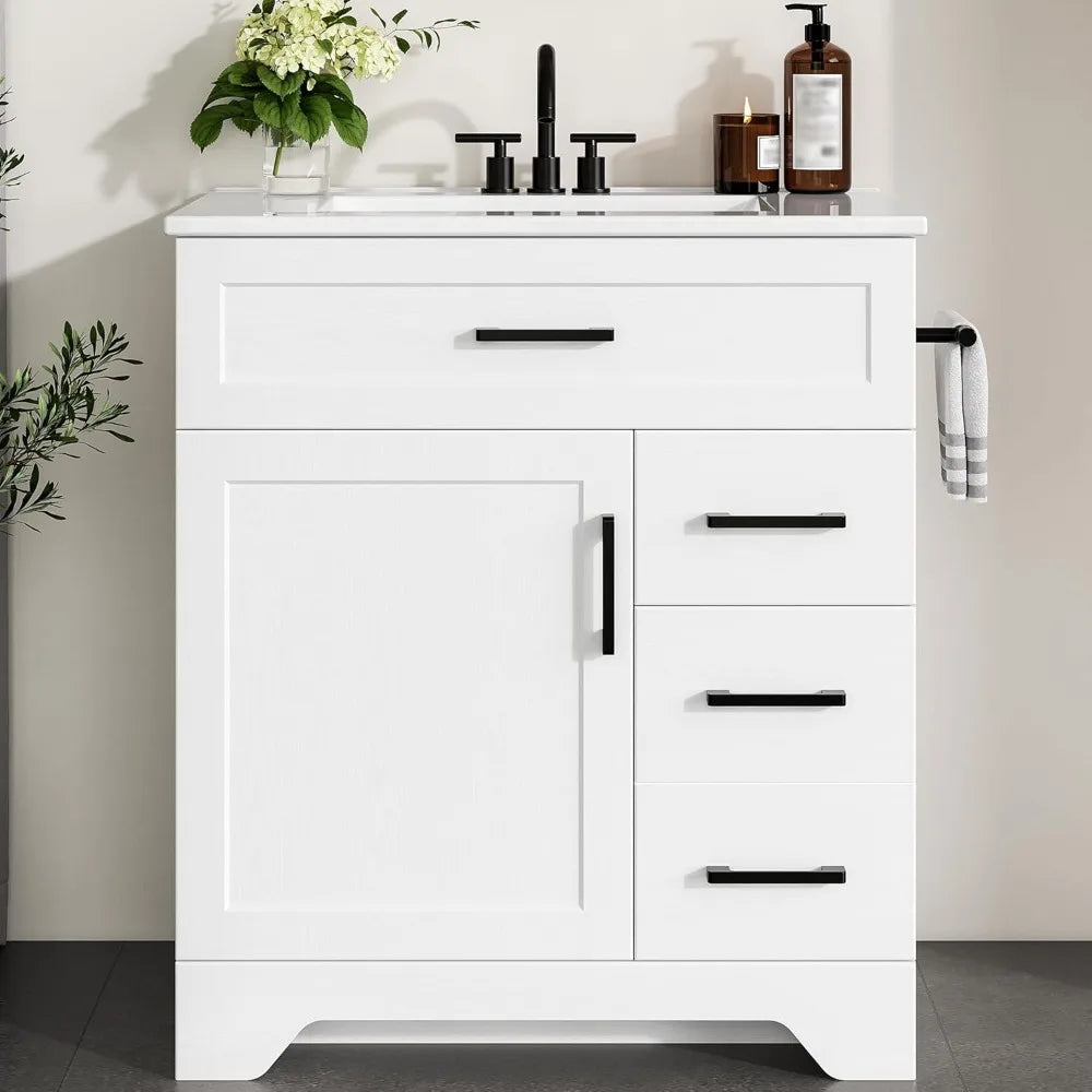 30" Bathroom cabinet with Sink, Cabinet with 2 Drawers, 1 Tip-Out Drawer and 1 Soft-Close Door, Assembly Required