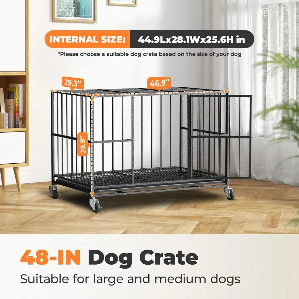 48 Inch Heavy Duty Dog Crate Steel Escape Proof, Indoor Double Door High Anxiety Cage, Removable Tray, Kennel with Wheels