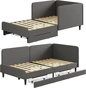 LIKIMIO Twin XL Corner Daybed with Storage Drawers and Headboard, Solid Bed Frame for Bedroom or Guest Room