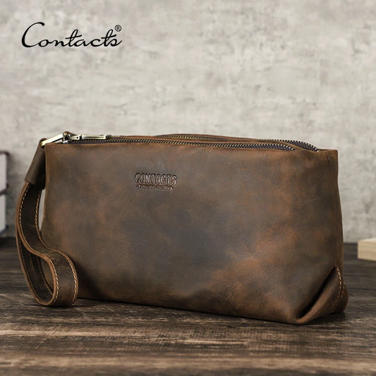 CONTACT'S Genuine Leather Men Clutch Bags Wrist Strap Crazy Horse Leather Handbag Men's Bag Phone Pocket Male Clutches Wallets