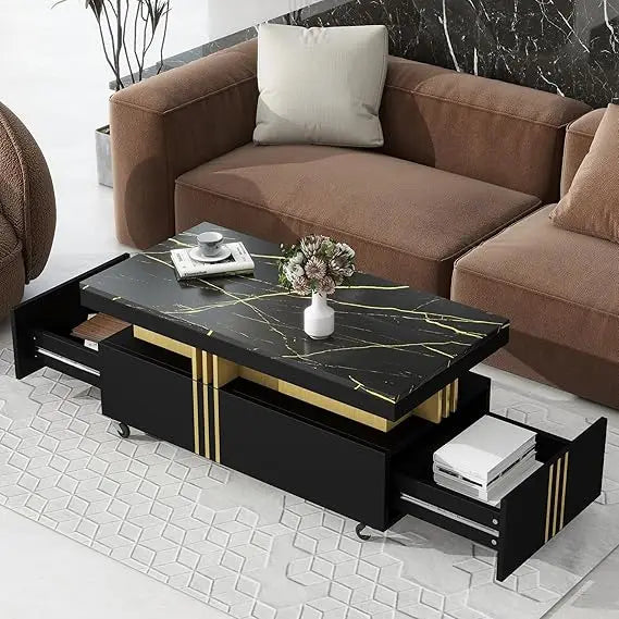 Coffee Table with Faux Marble Top, Modern Center Table with 2 Drawers & Caster Wheels, Contemporary Luxury Cocktail Table with