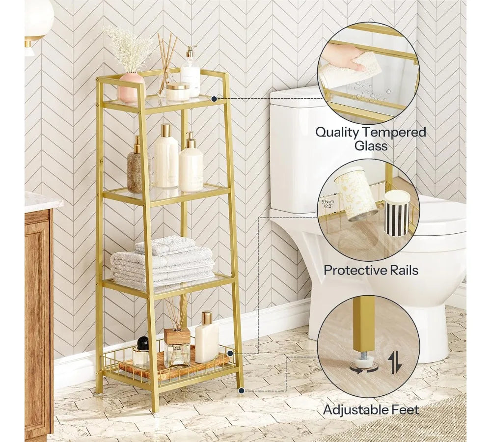 4-Tier Gold Glass Shelf Stand, Waterproof Bathroom Organizer with Tempered Glass, Floor Storage for Small Spaces