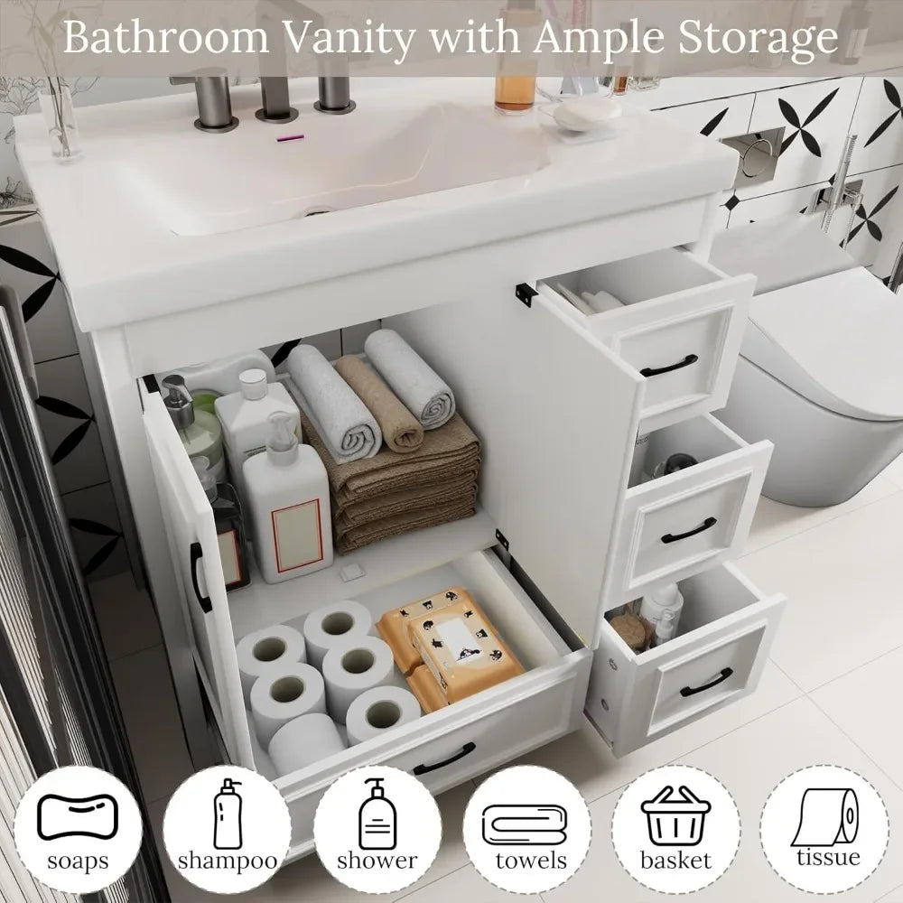 36 Inch Bathroom cabinet with Sink, Bathroom Sink Cabinet with 2 Doors, 4 Drawers, Ceramic Basin (No Faucet)