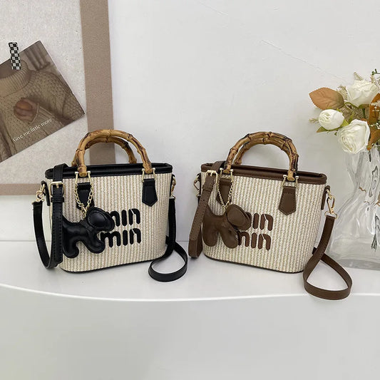 Women's Bag 2025 New Fashion Luxury Personality Versatile Trend Bucket Bag Straw Bamboo Tote Bag Shoulder Bag