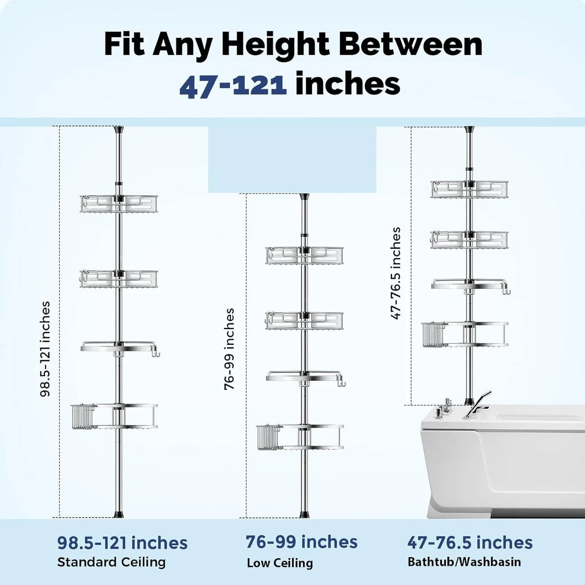 Corner Shower Caddy Tension Pole: Quick Installation 4-Tier Rustproof Bathroom Organizer Shelves for Bathtub Shampoo Storage