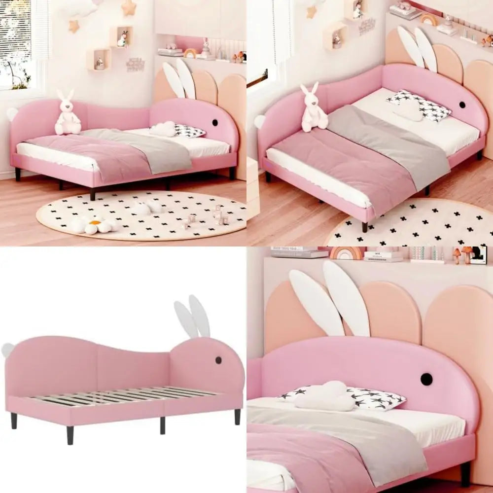 Upholstered Rabbit Ear Headboard Kids Daybed, Full Size Bed Frame for Girls in Pink