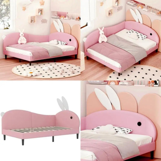 Upholstered Rabbit Ear Headboard Kids Daybed, Full Size Bed Frame for Girls in Pink