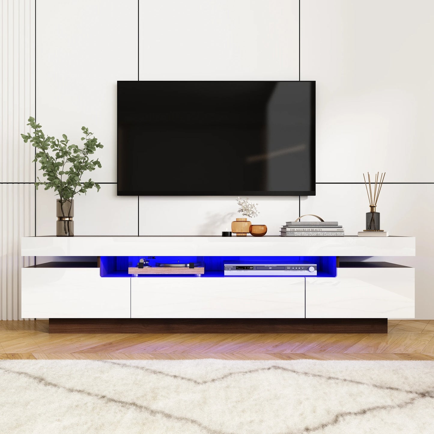 71In LED TV Stand for 75/80 Inch TV, Modern Gaming TV Cabinet for Living Room, High Gloss Entertainment Center with Storage